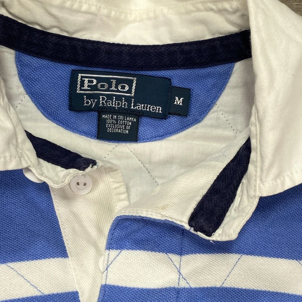 Polo Ralph Lauren Polo Shirt Mens Large Green Navy Striped Custom Fit Rugby Logo - Picture 15 of 16